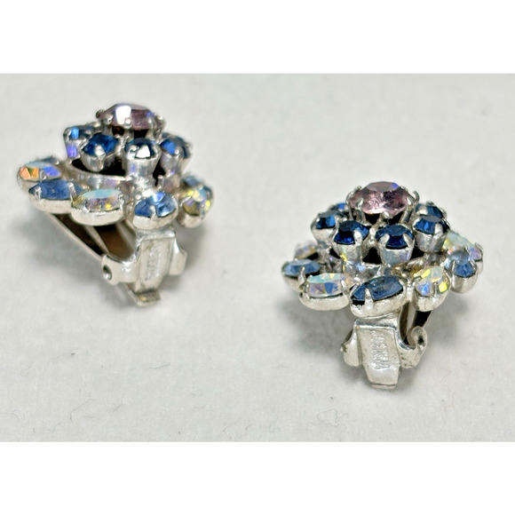 Vtg Blue Austria Crystal Aurora Borealis Prong Set Clip On Earrings Silver-tone - Picture 8 of 16